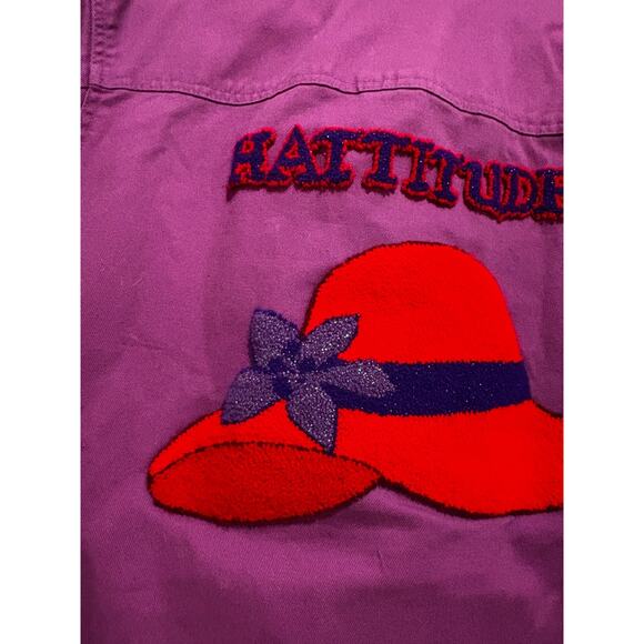 Womens Purple Denim Jacket Coat Red Hat Unique 3D chenille Glam Hattitude sz 26 - Picture 6 of 11